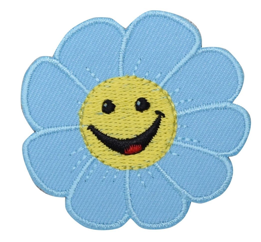 Smiling Blue Daisy Flower Iron on Patch Embroidered