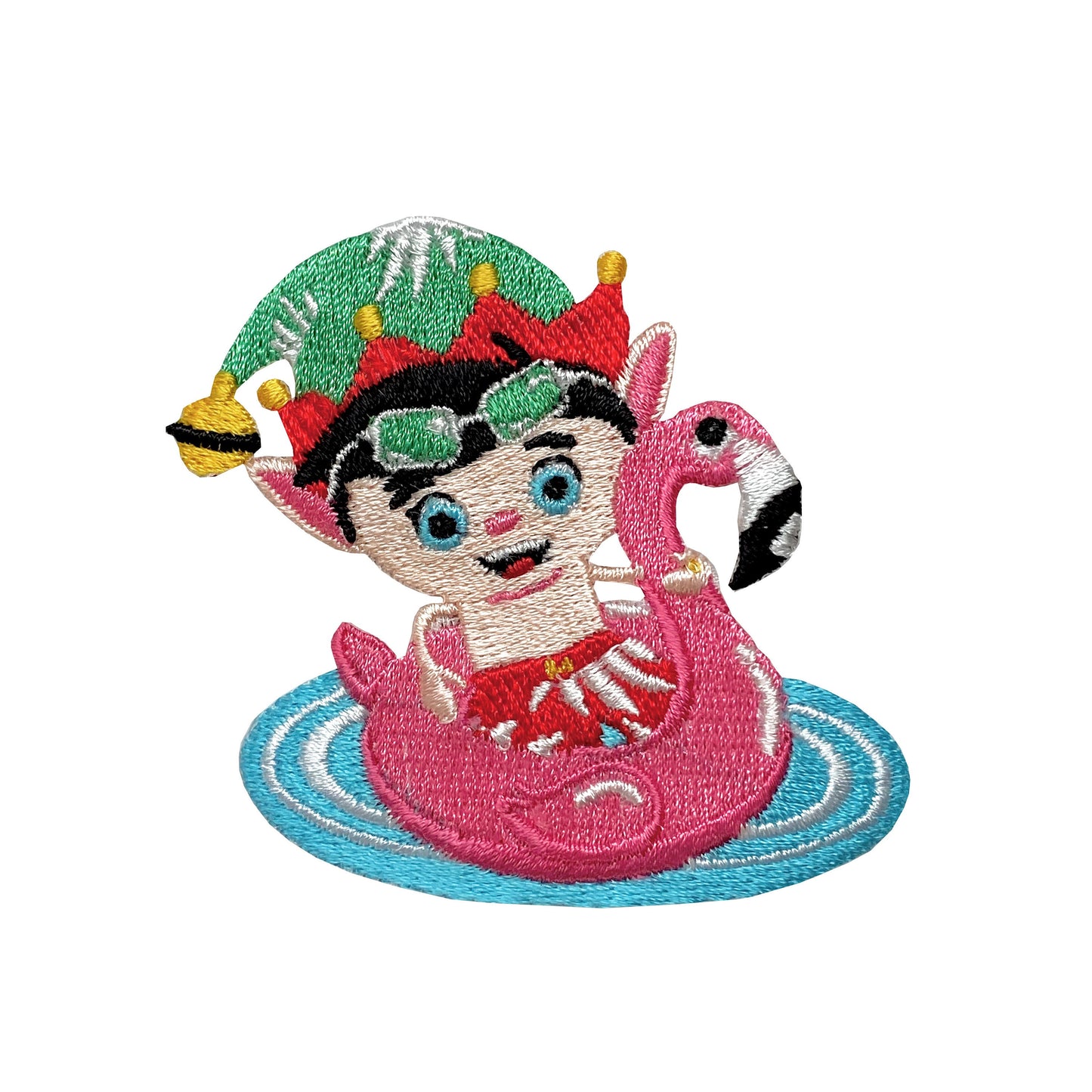 Swimming Elf - Pink Flamingo Float Tube - Floatie - Christmas Beach Vacation - Iron on Applique - Embroidered Patch