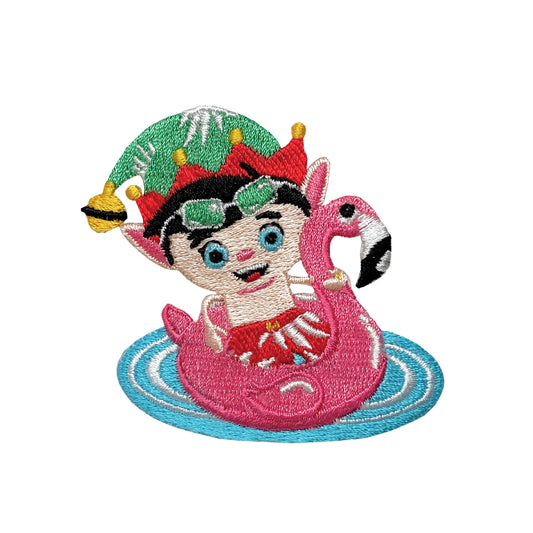 Swimming Elf - Pink Flamingo Float Tube - Floatie - Christmas Beach Vacation - Iron on Applique - Embroidered Patch