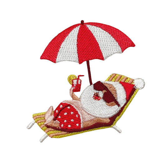 Summer Santa Claus - Tropical Drink - Red/White Umbrella and Chair - Christmas Beach Vacation - Iron on Applique - Embroidered Patch