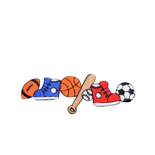 Sports strip with football, basketball, baseball, soccer ball, shoes, bat