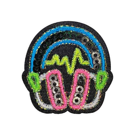 Headphones with Black Sequins Embroidered Iron on Patch