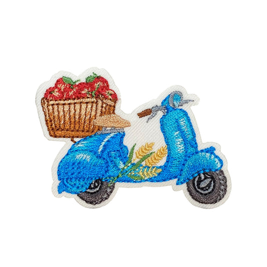 Blue Scooter with Apples Embroidered Iron on Patch