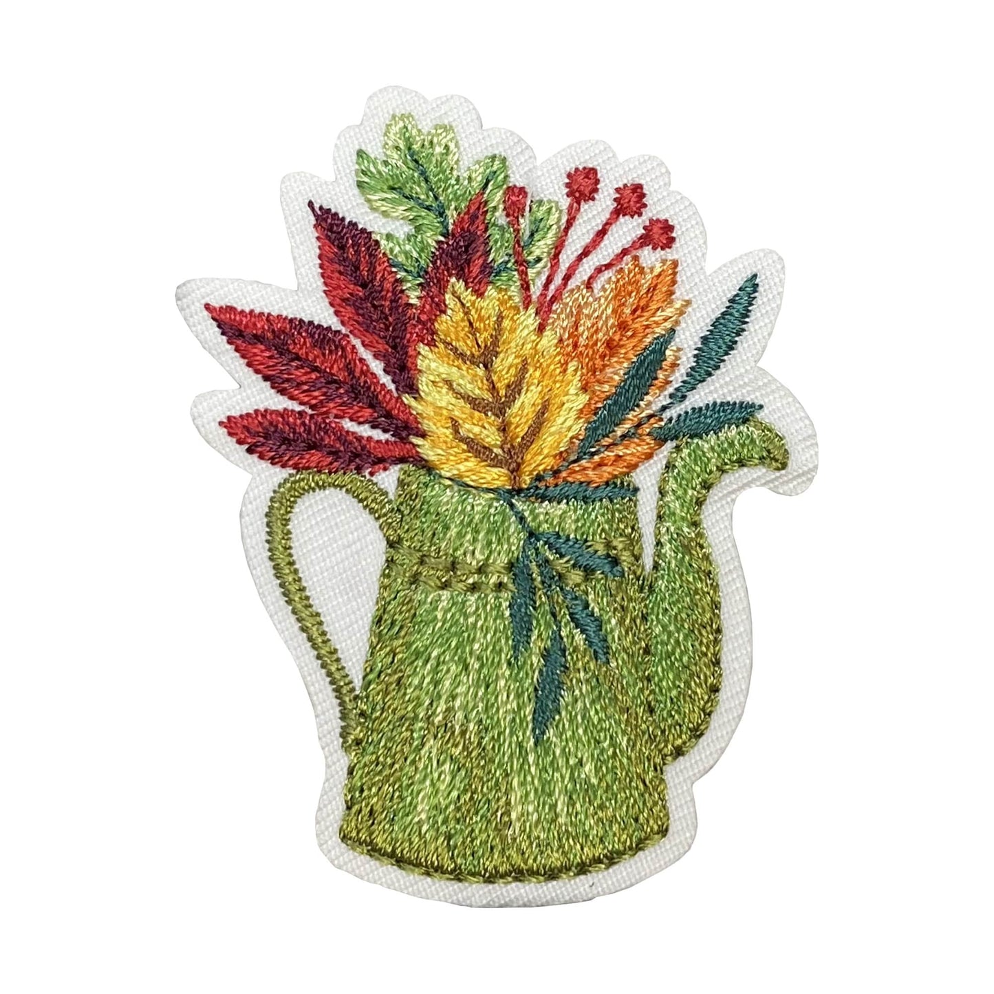 Watering Can with Fall Leaves Embroidered Iron on Patch