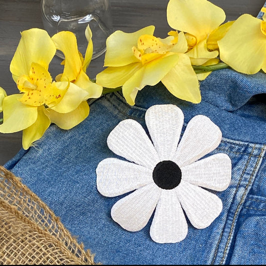 4" White Daisy Flower with Black Center Iron on Embroidered Patch