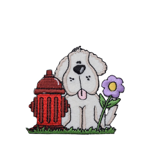 Puppy Dog with Red Fire Hydrant and Flower, Iron on Patch