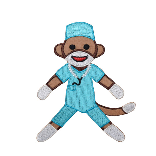 Sock Monkey Wearing Teal Scrubs - Iron on Patch