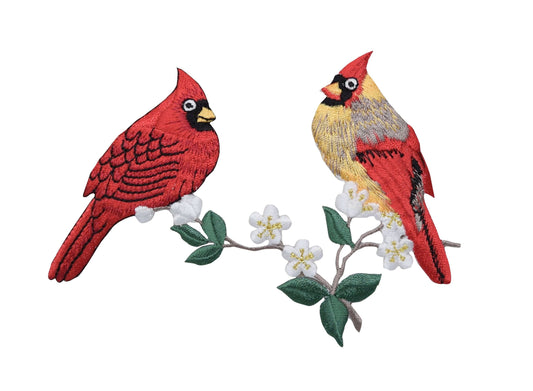 Cardinal Couple - Red Birds - Sitting on Branch - White Flower Blossoms Embroidered Iron on Patch