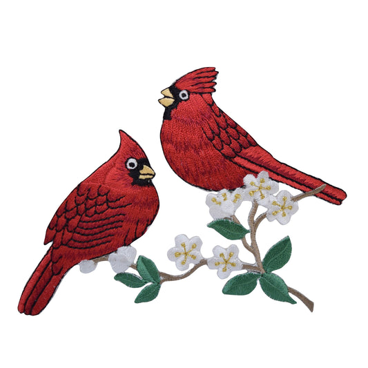 Two Cardinals - Red Birds - Sitting on Branch - White Flower Blossoms - Embroidered Iron on Patch