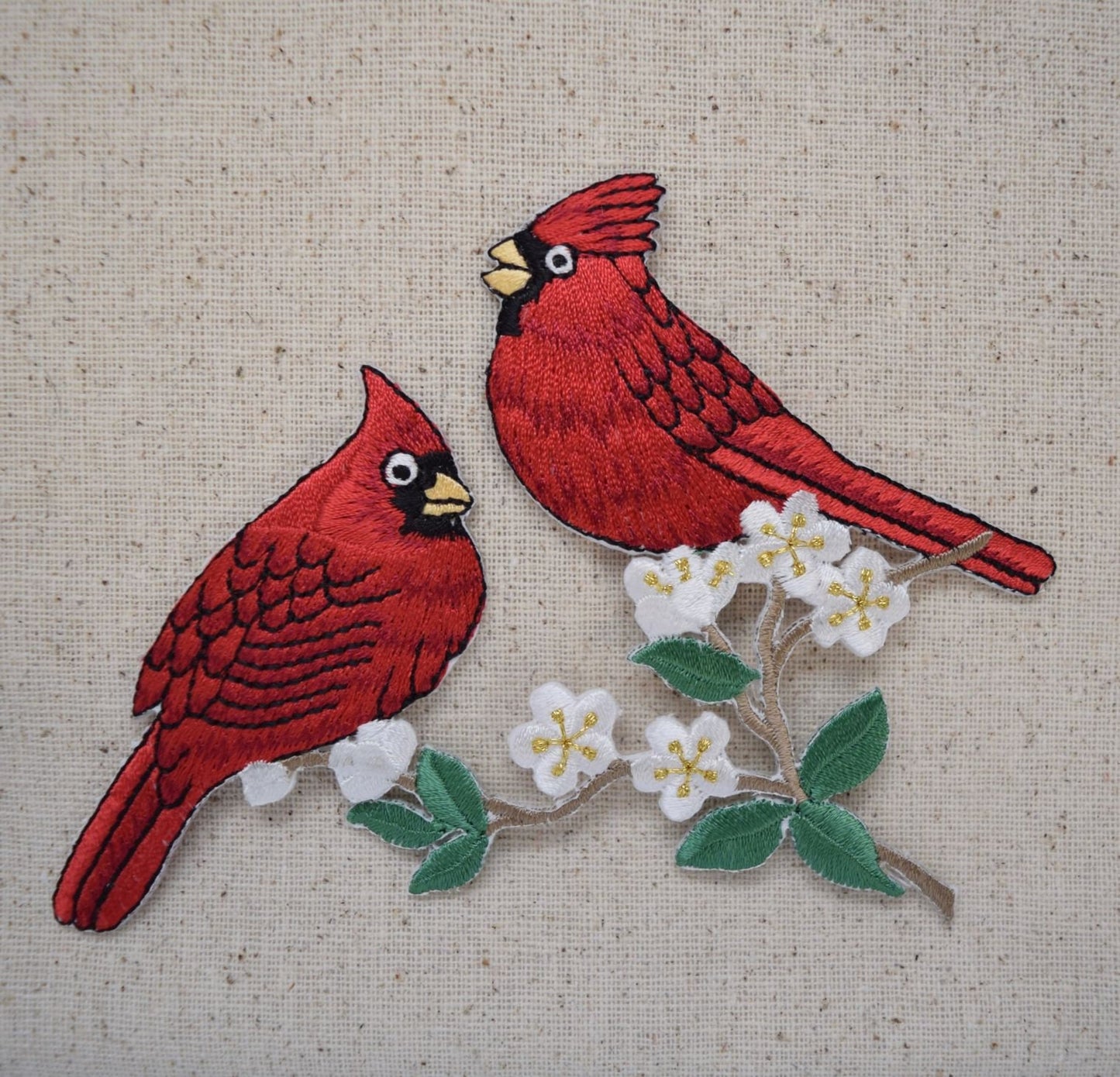 Two Cardinals - Red Birds - Sitting on Branch - White Flower Blossoms - Embroidered Iron on Patch