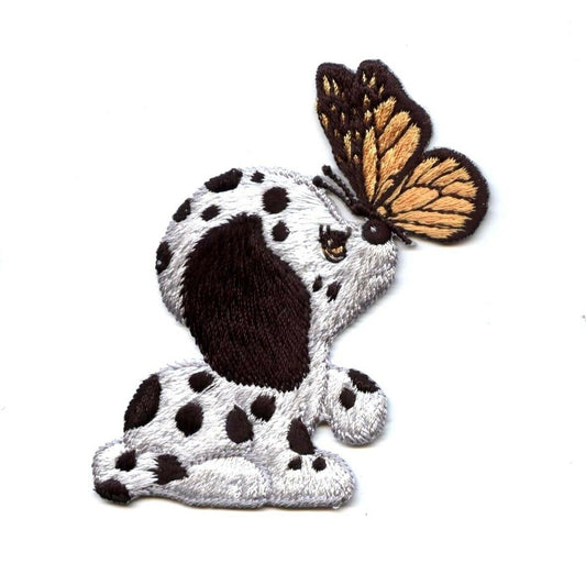 Dalmatian Puppy Dog - Butterfly on Nose - Embroidered Patch - Iron on Applique