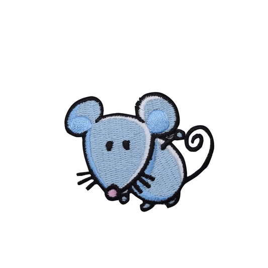 Blue Mouse with Curly Tail  - Embroidered Iron on Patch