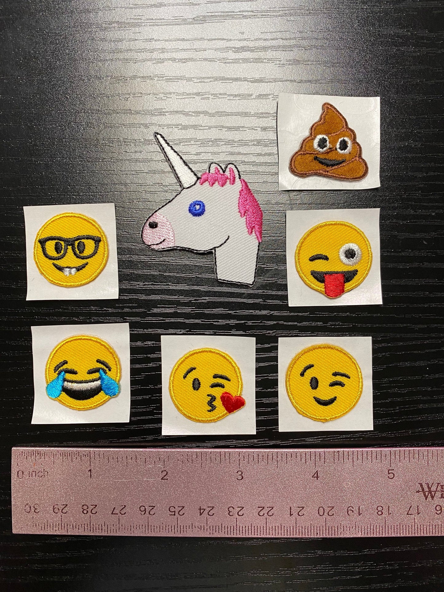 7 piece Emoji Set, smiley face, ice cream scoop, unicorn, poop, embroidered iron on patch stickers