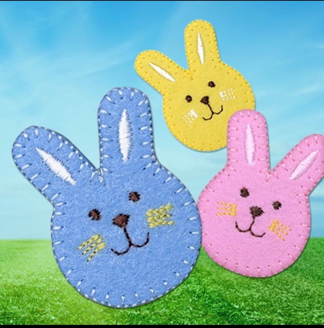 Easter - Bunny Rabbit - Face - Embroidered Patch - Iron on Applique - BLUE, PINK, or YELLOW