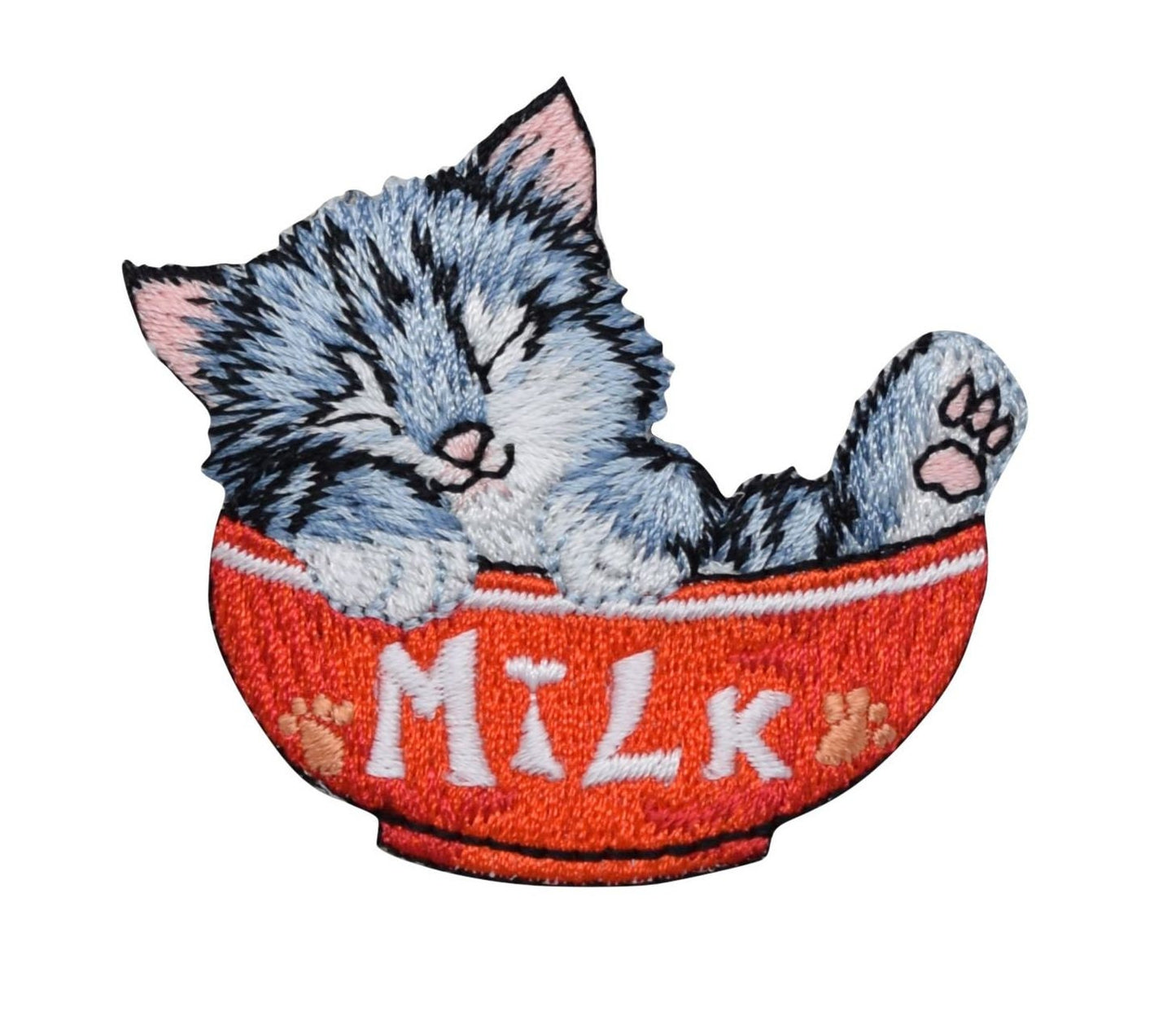 Cat in Red Milk Bowl Embroidered Iron on Patch