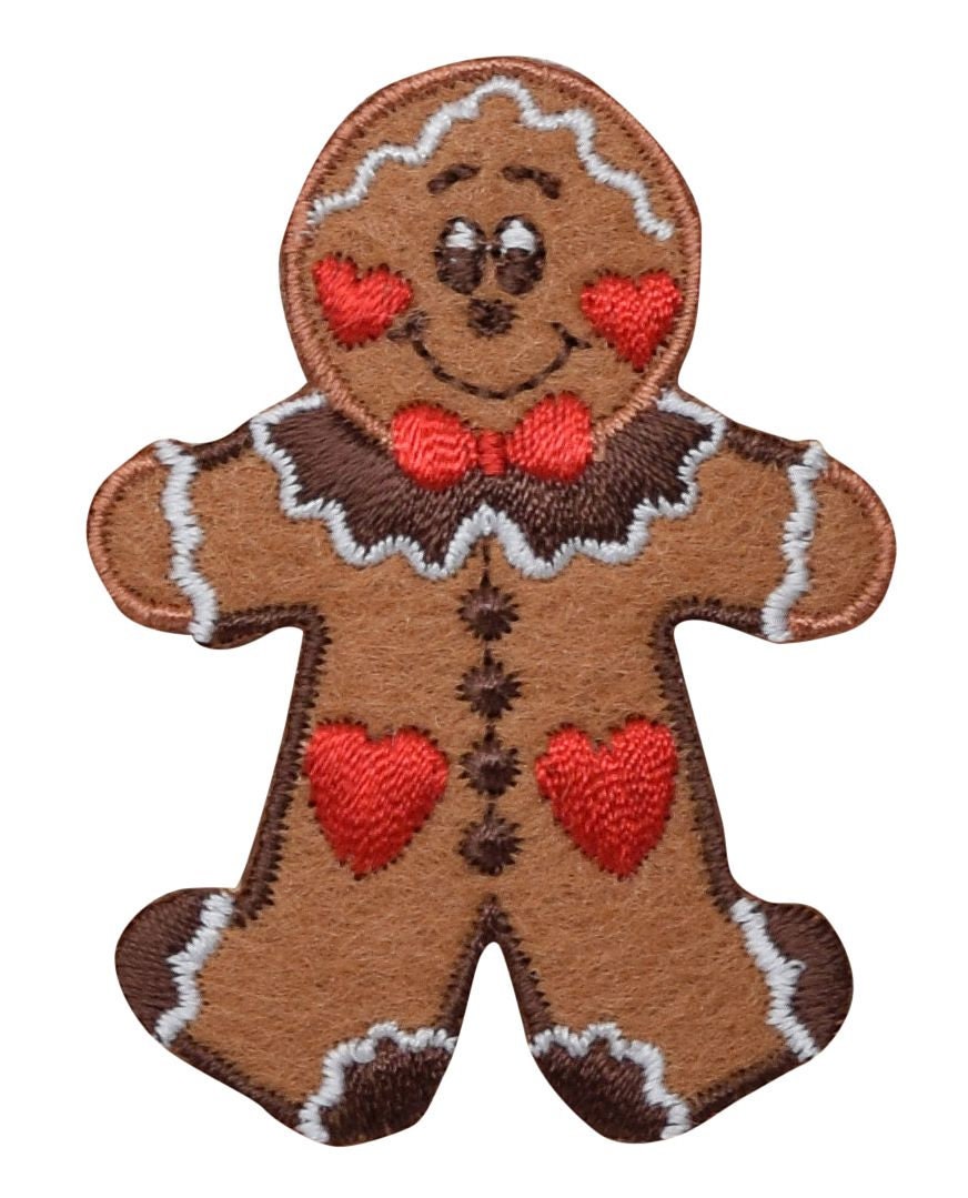 Christmas Gingerbread Man with Hearts - Iron on Applique - Embroidered Patch