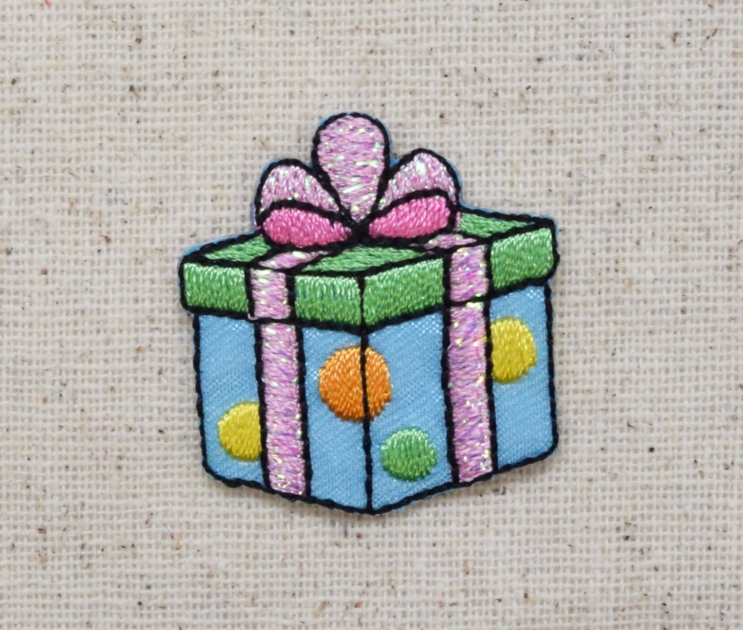 Gift/Present - Blue/Green - Pink Bow - Iron on Embroidered Patch