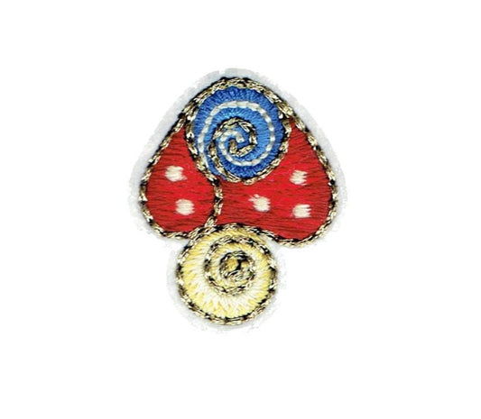 Mushroom - Red/Blue with Gold Detail Trim - Fungi, Vegetable - Embroidered Iron on Patch