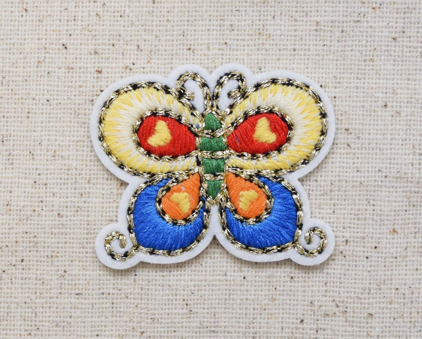 Butterfly - Blue/Yellow - Gold Trim Detail - Iron on Applique - Embroidered Patch