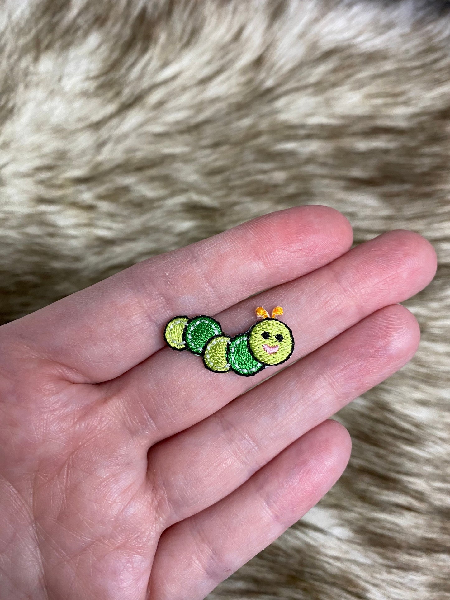 Green Caterpillar, Smiling Face, Embroidered, Iron on Patch, 1-1/8" mini size