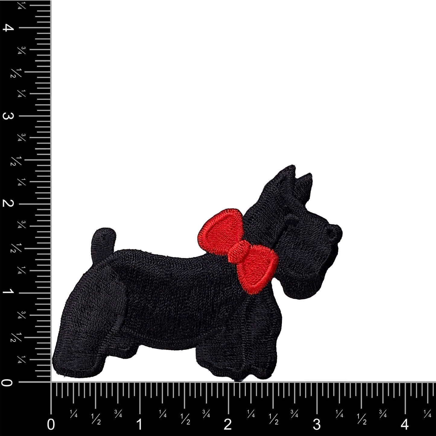 3" wide - Black Scottish Terrier - Facing Right - Wearing a Red Bow - Puppy Dog Embroidered Iron on Patch