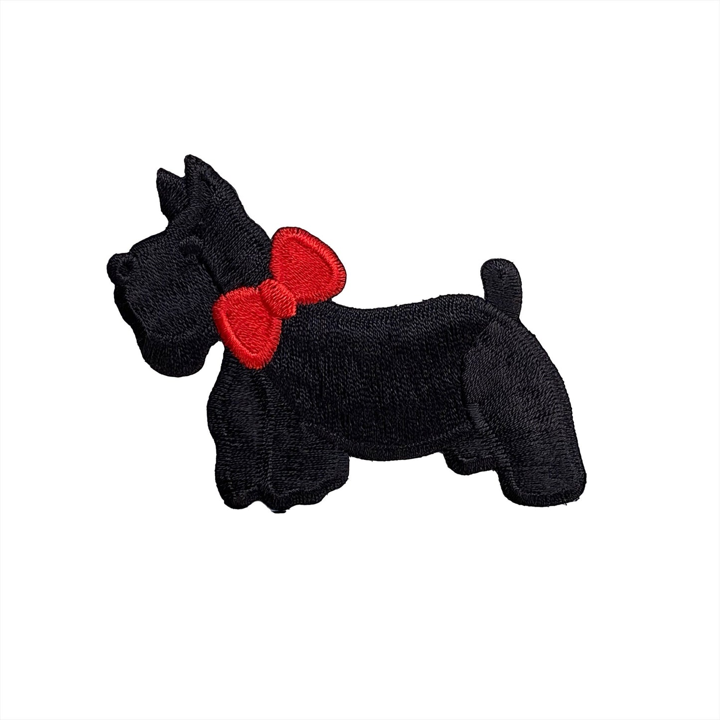 3" wide - Black Scottish Terrier - Facing Left - Wearing a Red Bow - Puppy Dog Embroidered Iron on Patch