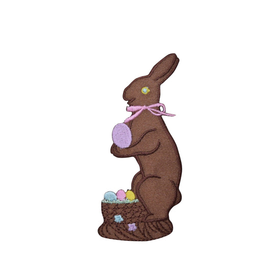 Chocolate Easter Bunny with Basket of Eggs, Easter Candy, Embroidered Iron on Patch