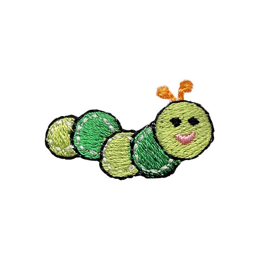 Green Caterpillar, Smiling Face, Embroidered, Iron on Patch, 1-1/8" mini size