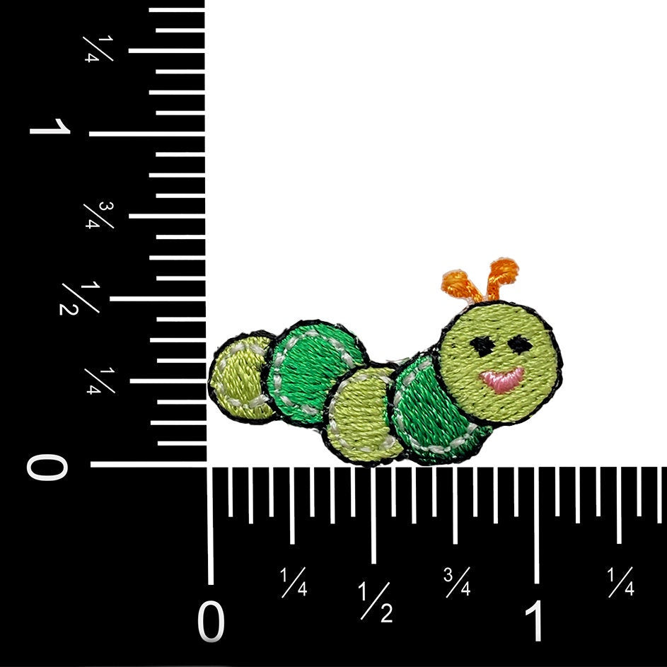 Green Caterpillar, Smiling Face, Embroidered, Iron on Patch, 1-1/8" mini size