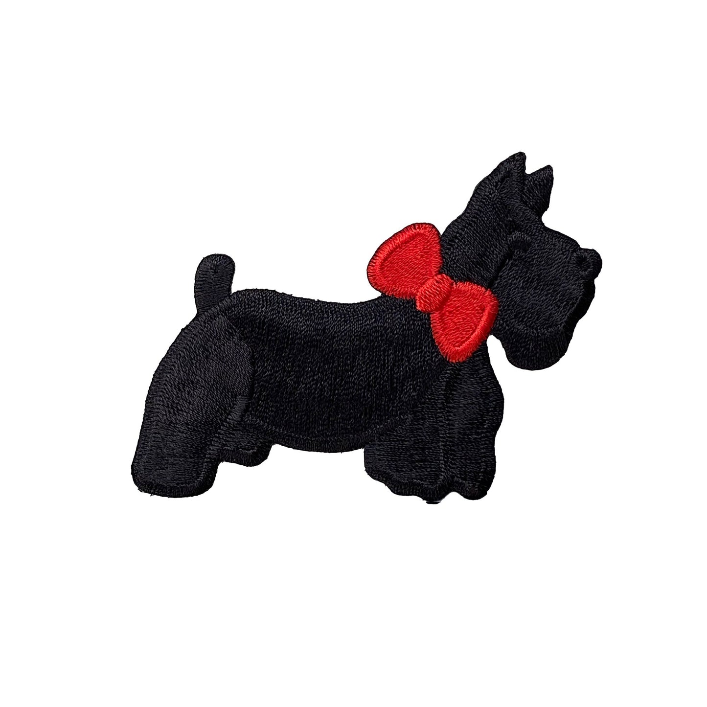 3" wide - Black Scottish Terrier - Facing Right - Wearing a Red Bow - Puppy Dog Embroidered Iron on Patch