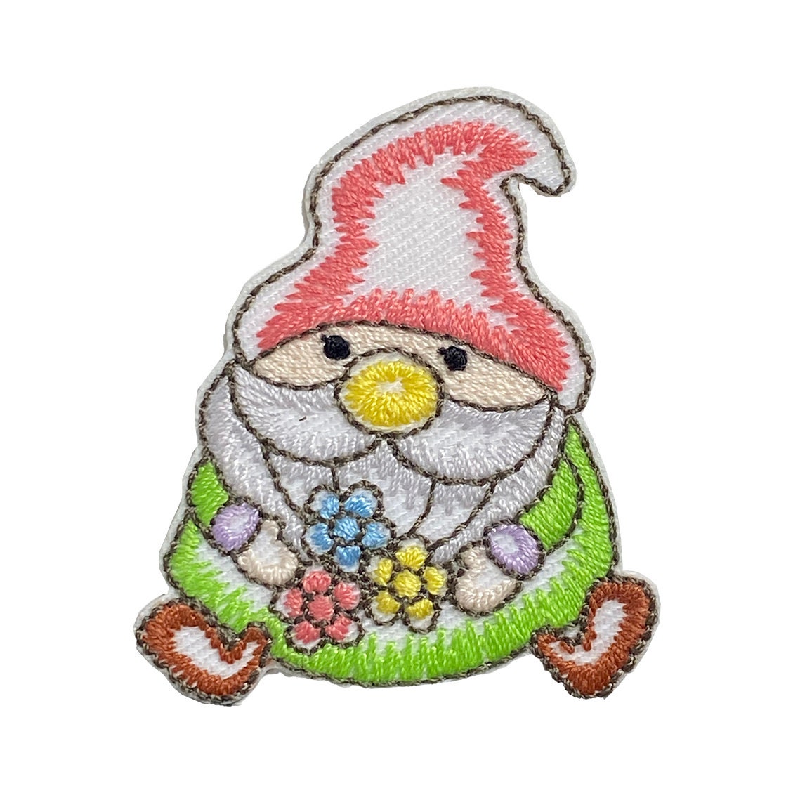 Garden Gnome with Flowers, Embroidered, Iron on Patch, DIY crafts