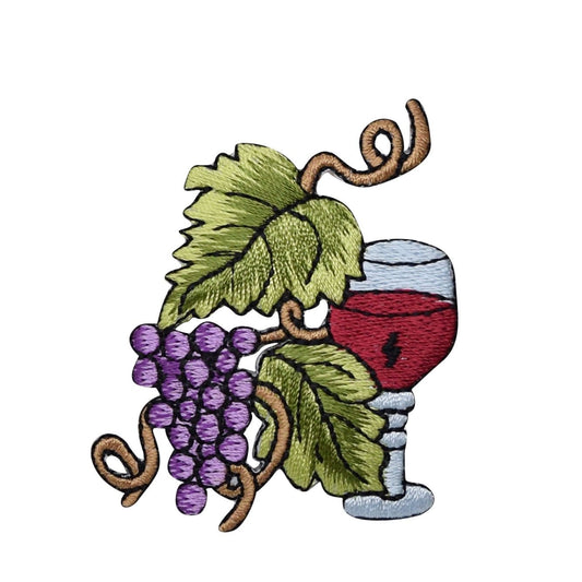 Wine Glass - Grape Bunch on Vine - Grapevine, Fruit - Embroidered Patch - Iron on Applique
