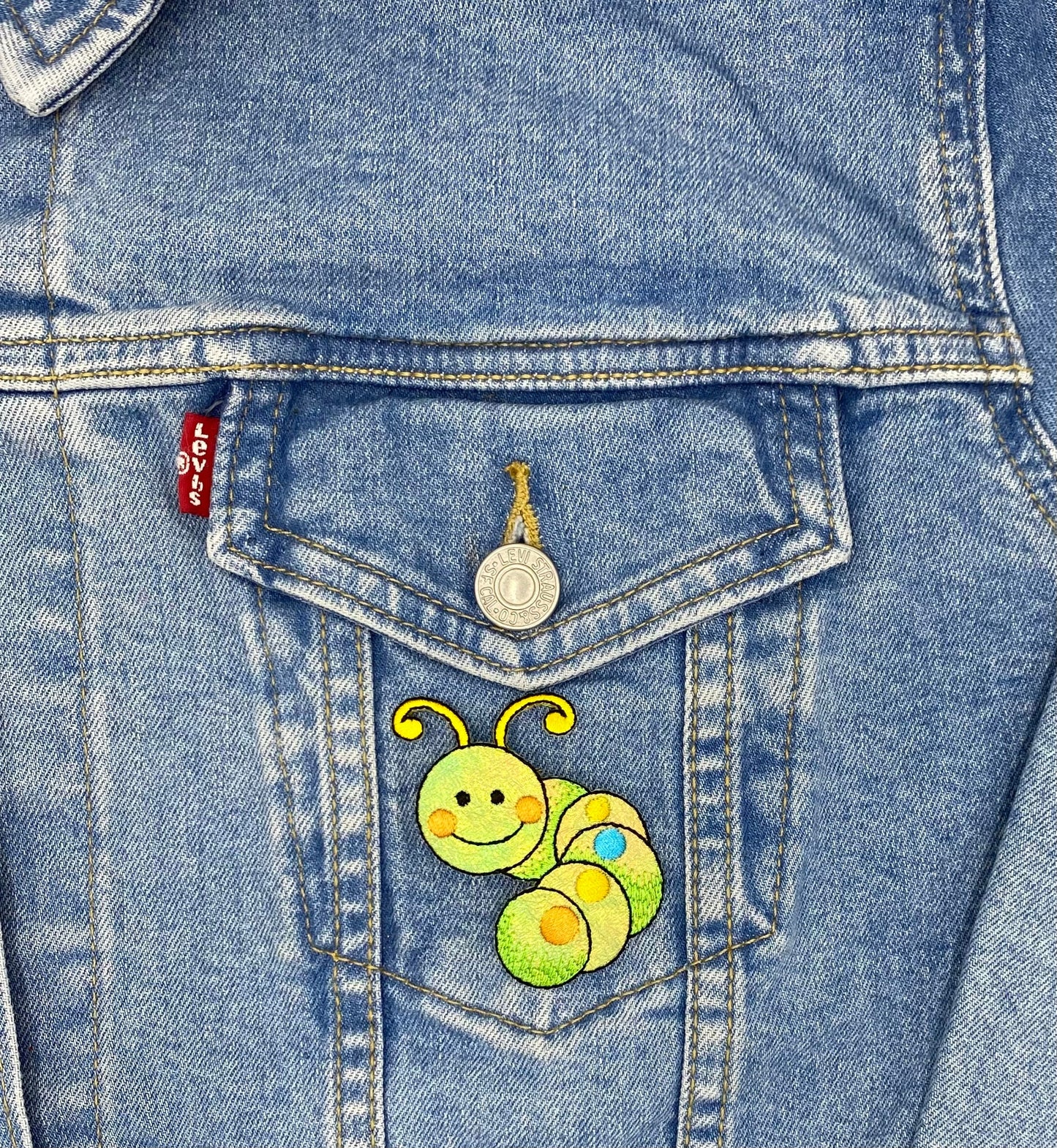 Childrens - Shimmery Green Caterpillar - Iron on Applique - Embroidered Patch - 155603A