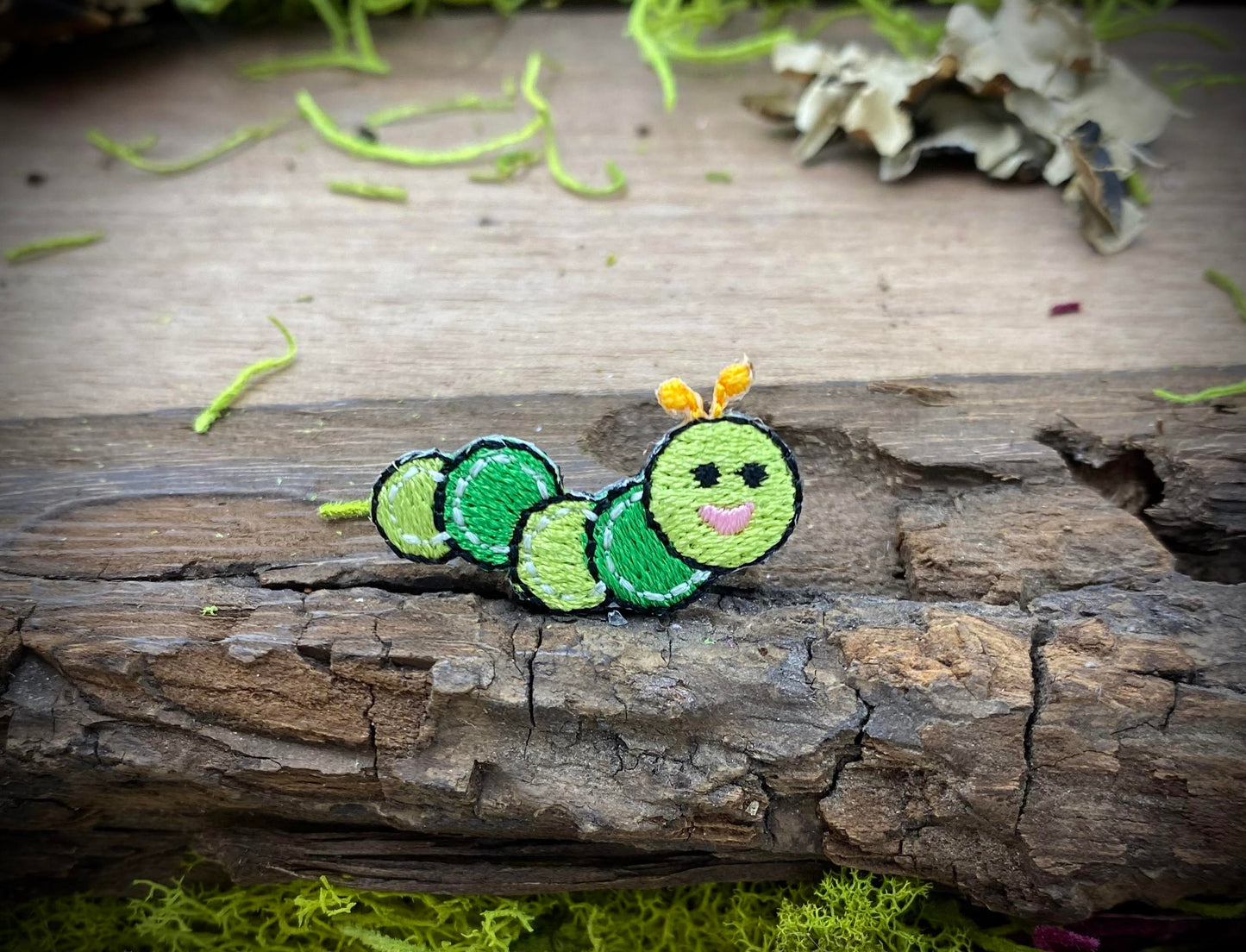 Green Caterpillar, Smiling Face, Embroidered, Iron on Patch, 1-1/8" mini size