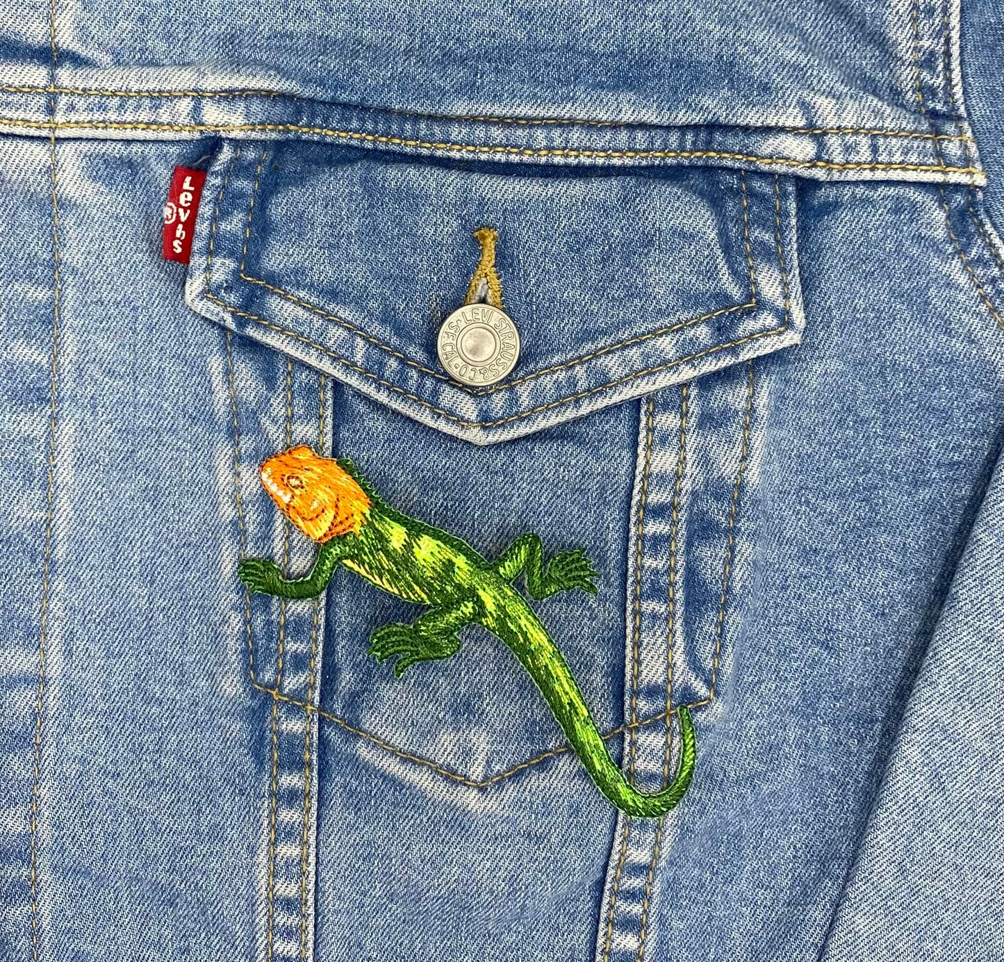 Red-headed Agama - Green Shimmery Lizard - Embroidered Iron on Patch