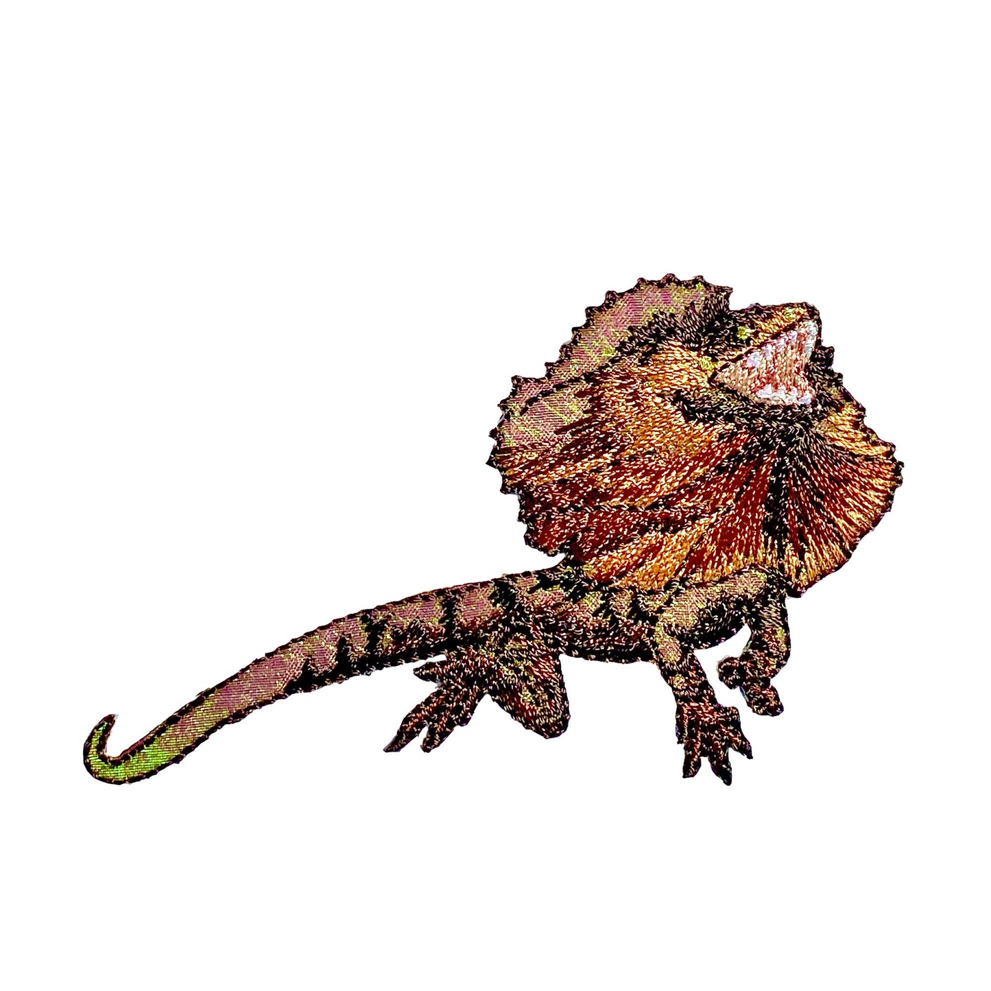 Frilled Dragon - Brown Frill-necked Shimmery Lizard - Embroidered Iron on Patch