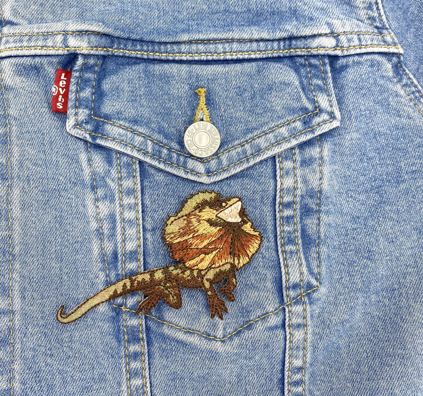 Frilled Dragon - Brown Frill-necked Shimmery Lizard - Embroidered Iron on Patch