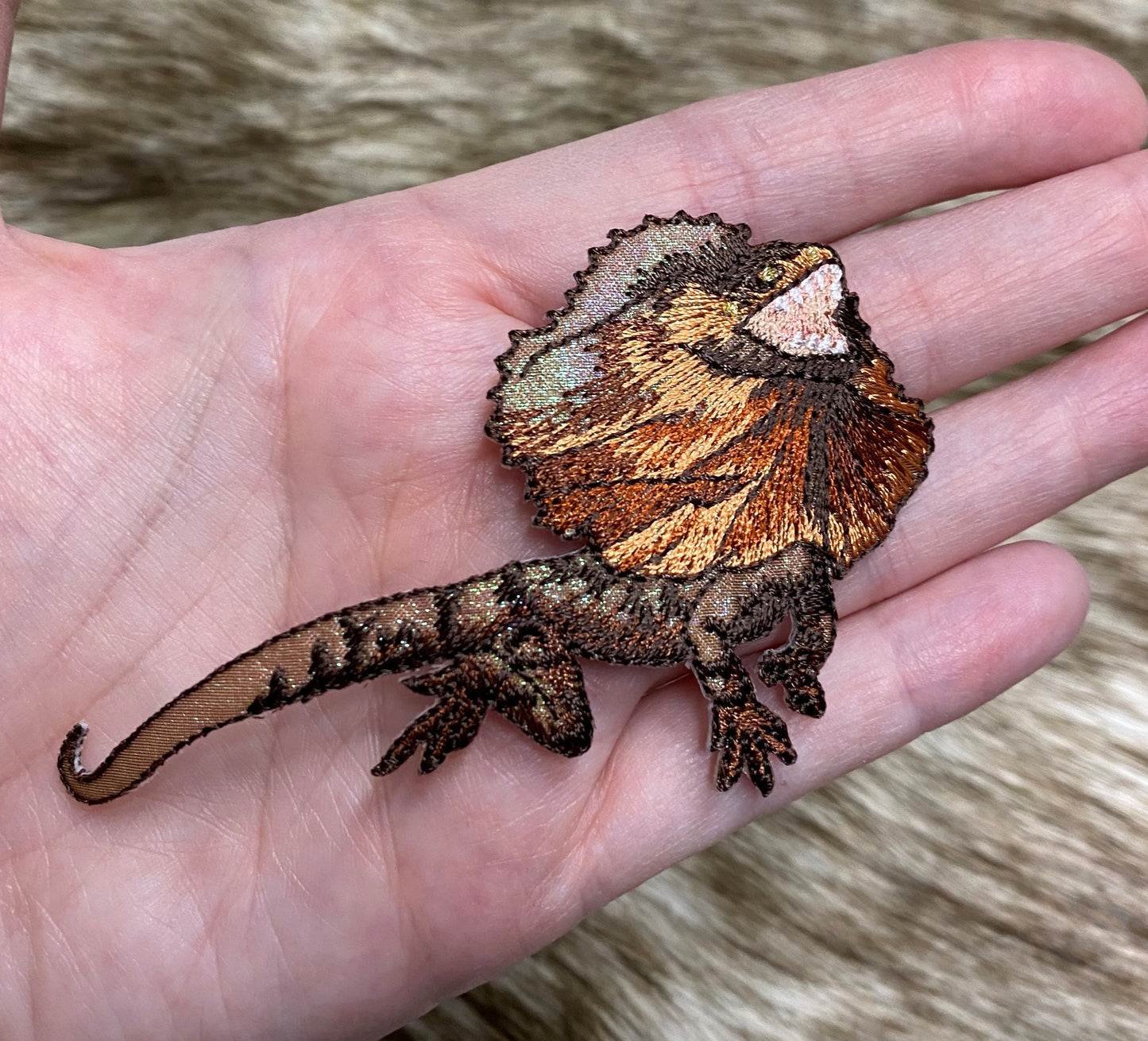 Frilled Dragon - Brown Frill-necked Shimmery Lizard - Embroidered Iron on Patch