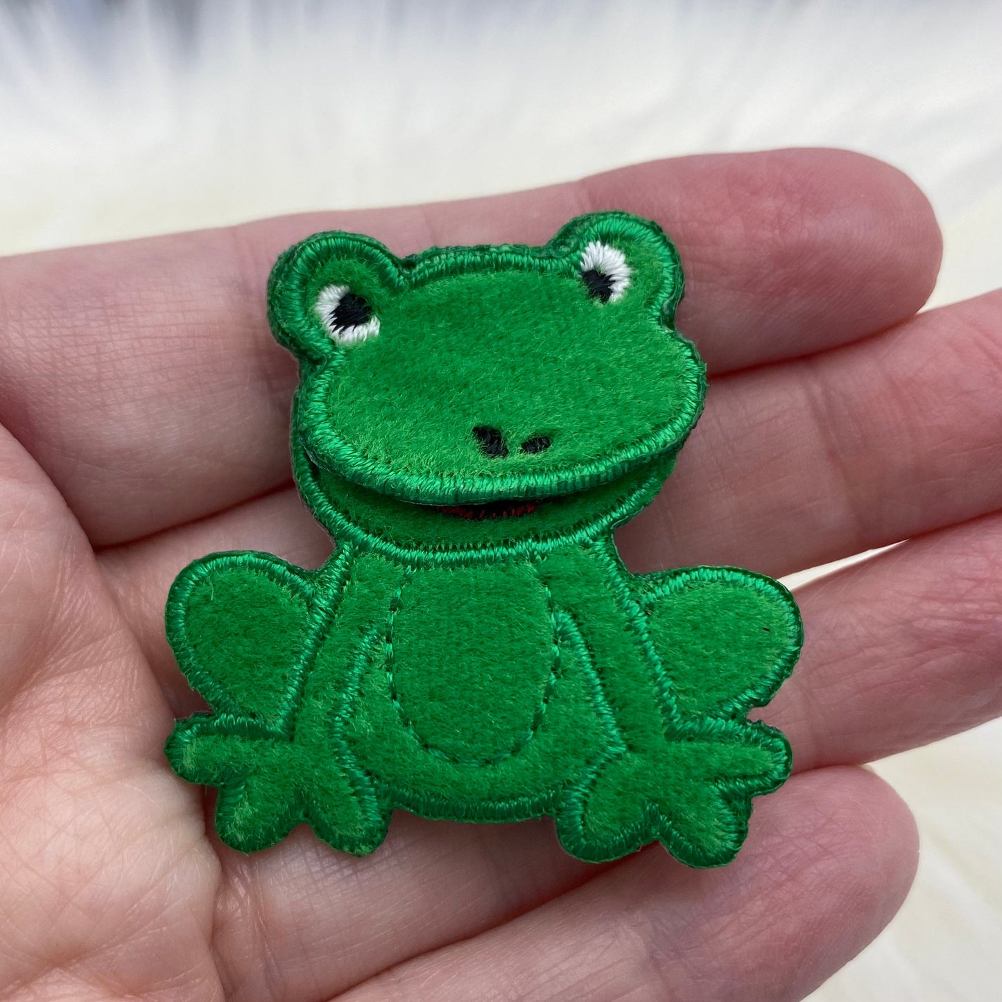 Childrens - Fuzzy Green Frog - Mouth Opens - Iron on Applique - Embroidered Patch - 695738A