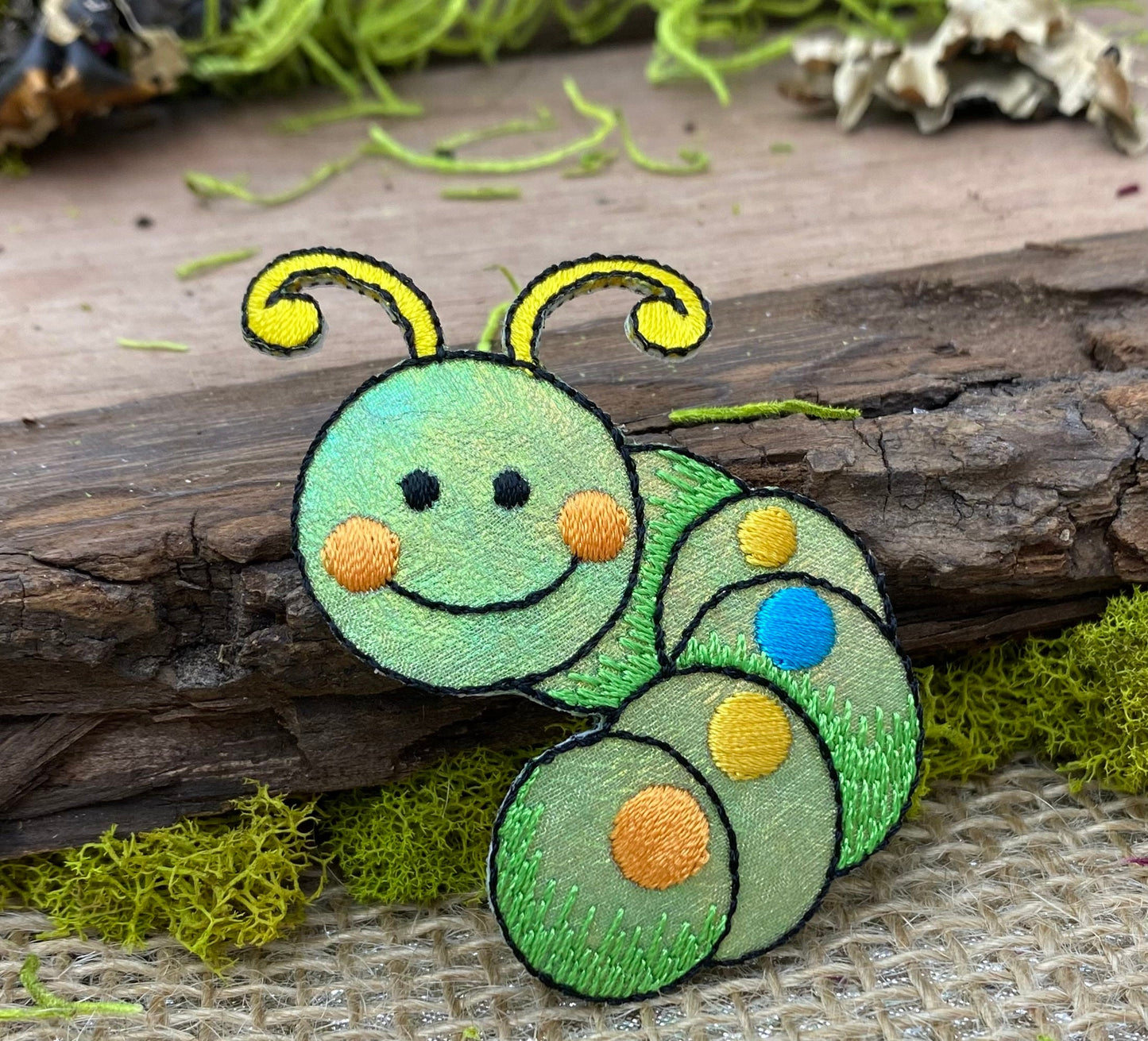 Childrens - Shimmery Green Caterpillar - Iron on Applique - Embroidered Patch - 155603A