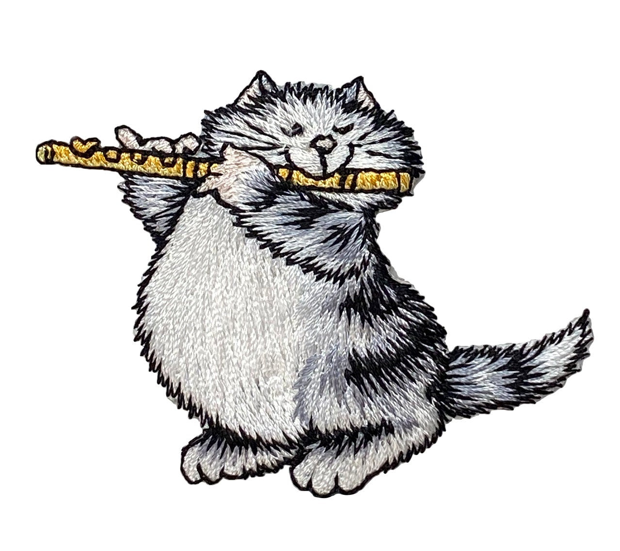 Gray Kitty Cat Playing Flute, Pets, Kitten, Embroidered, Iron-on Patch