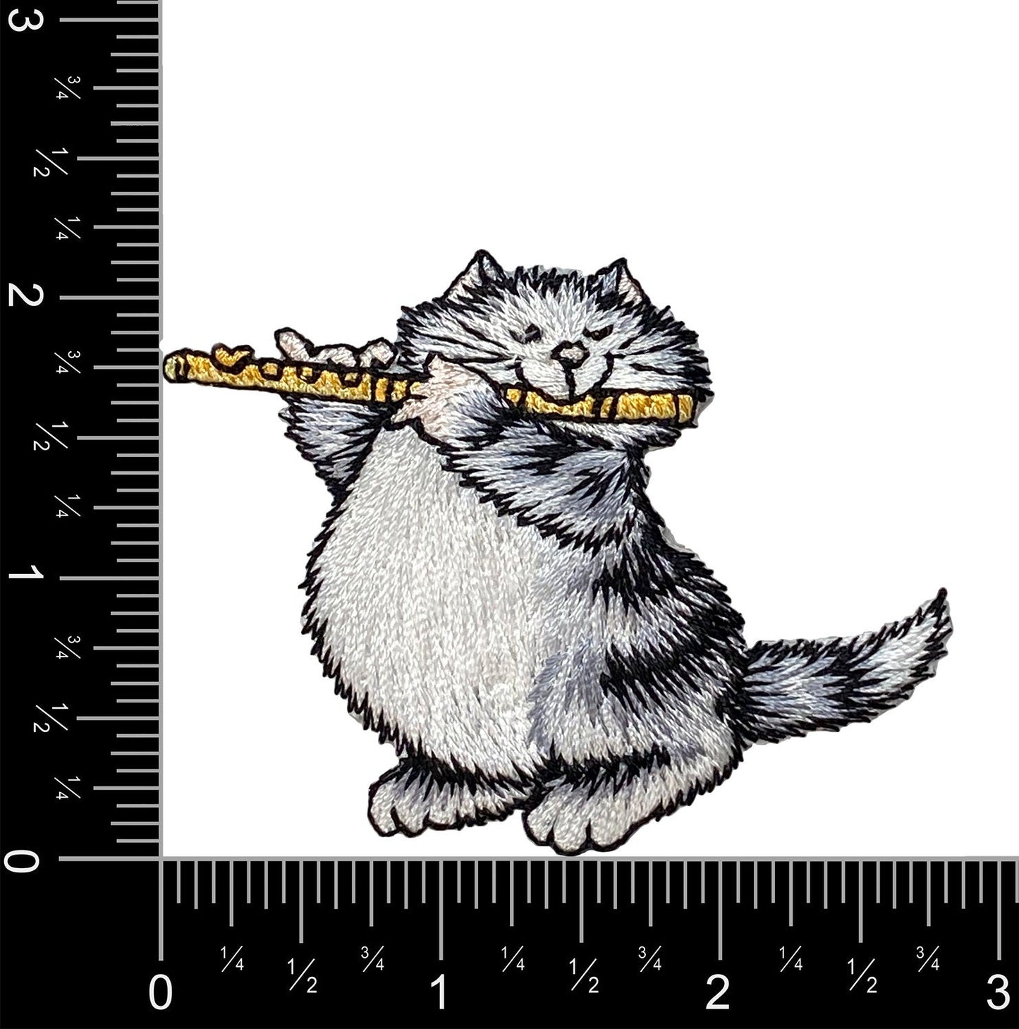 Gray Kitty Cat Playing Flute, Pets, Kitten, Embroidered, Iron-on Patch