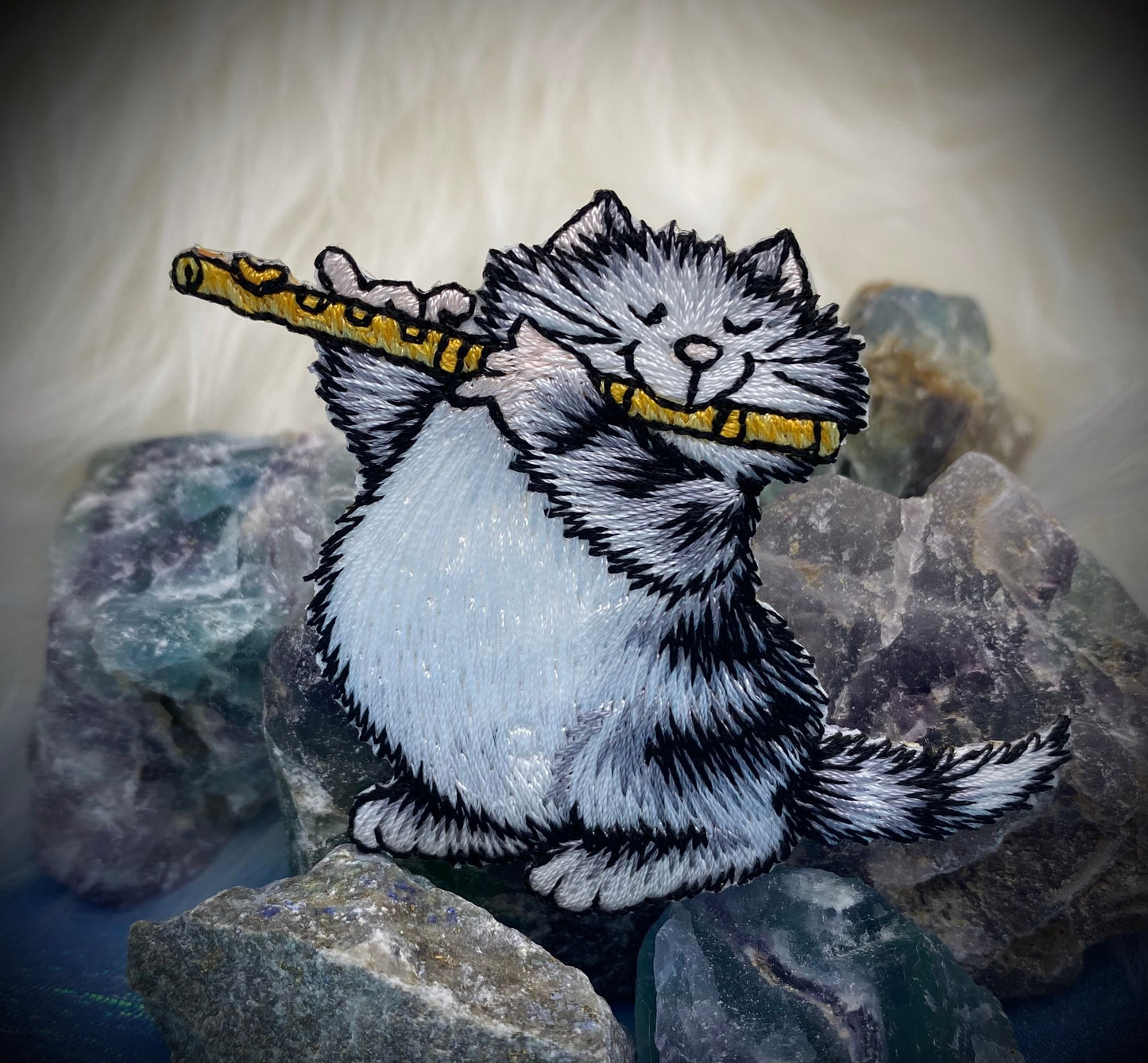 Gray Kitty Cat Playing Flute, Pets, Kitten, Embroidered, Iron-on Patch