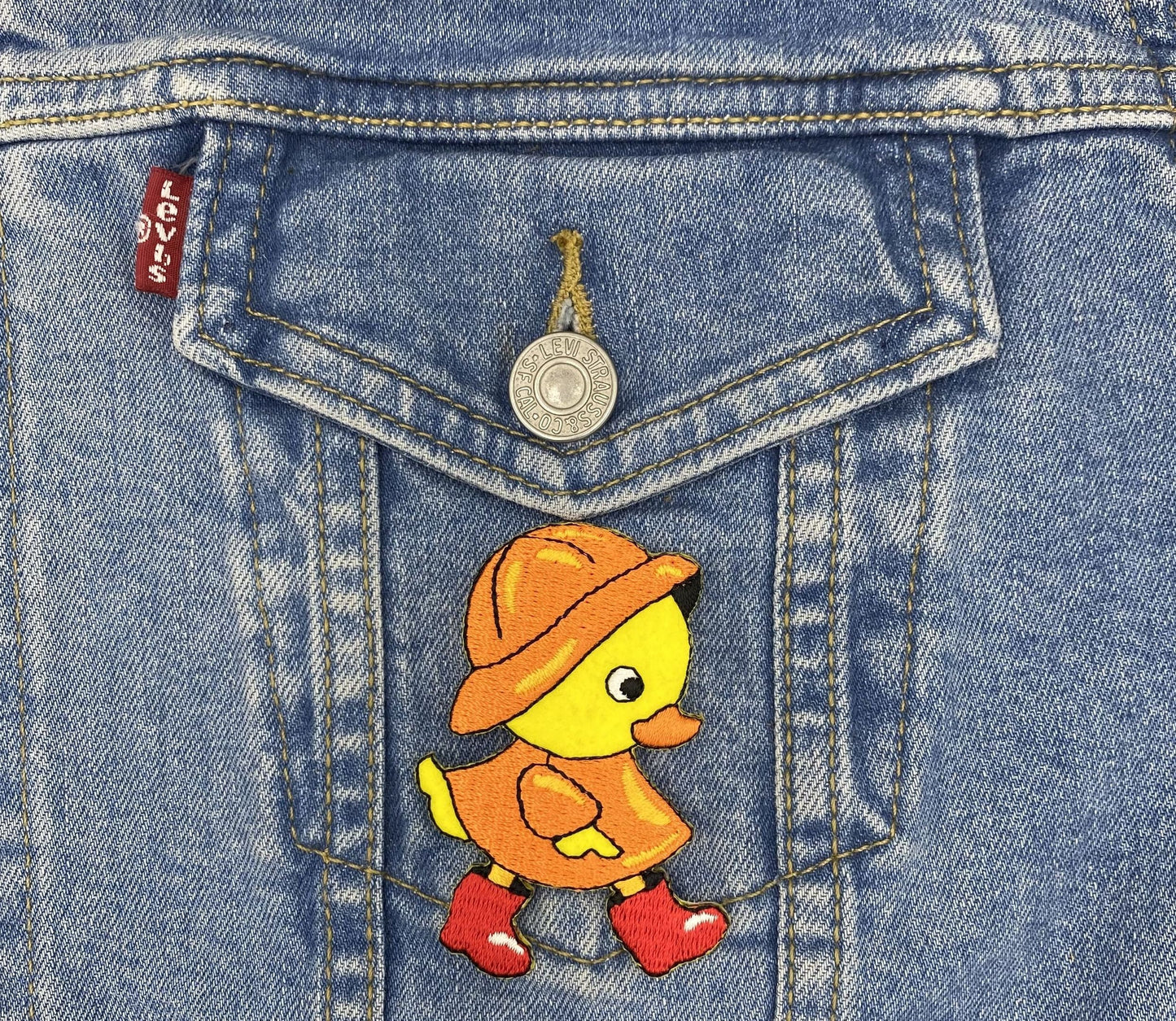 Duck Wearing an Orange Raincoat with Red Boots, Embroidered, Iron-on Patch