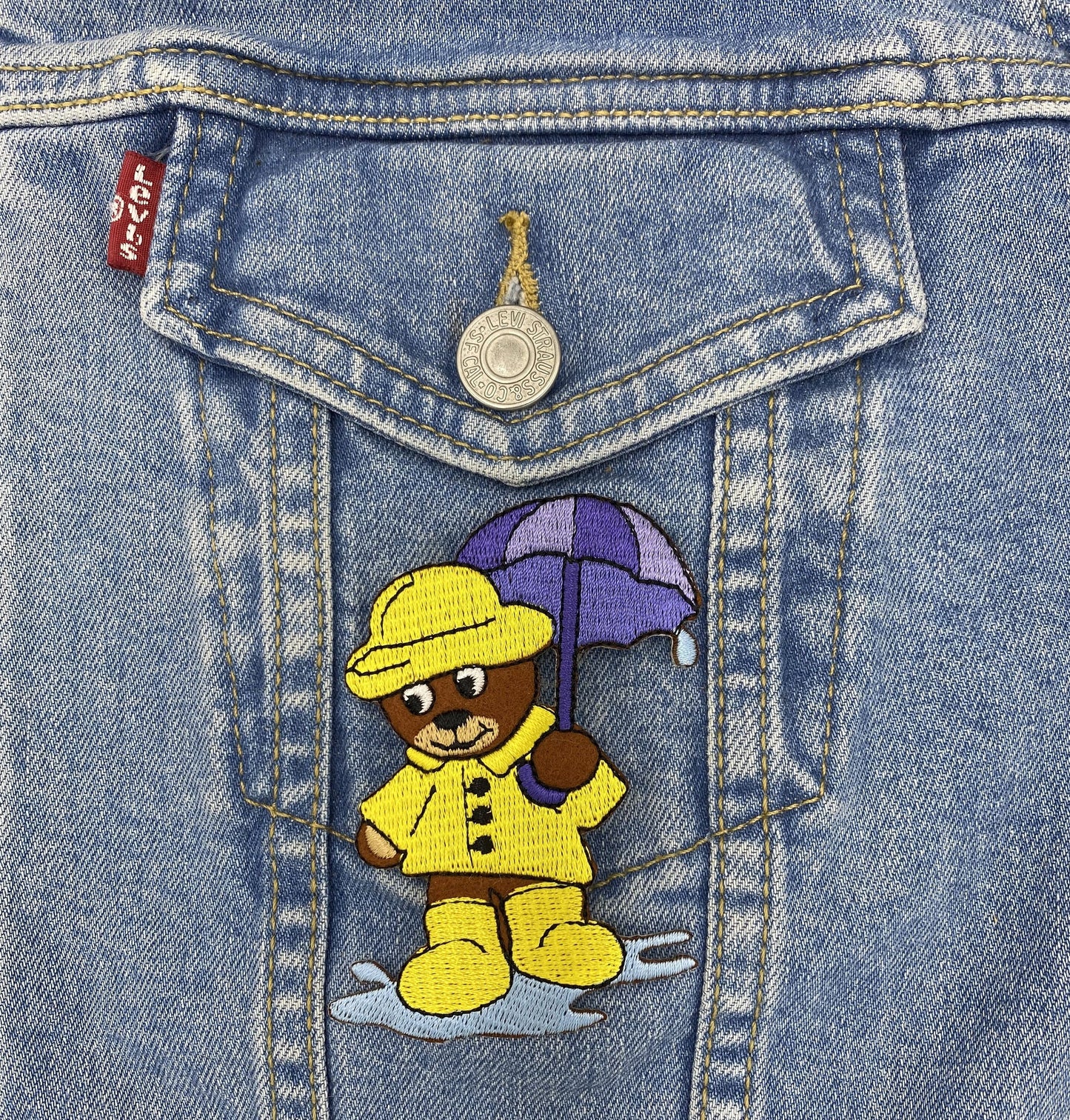 Bear Wearing Raincoat and Boots, Umbrella, Embroidered, Iron-on Patch