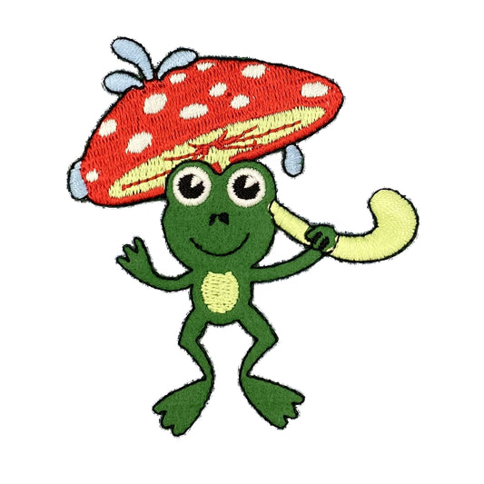 Frog with Red Mushroom Umbrella, Embroidered, Iron-on Patch