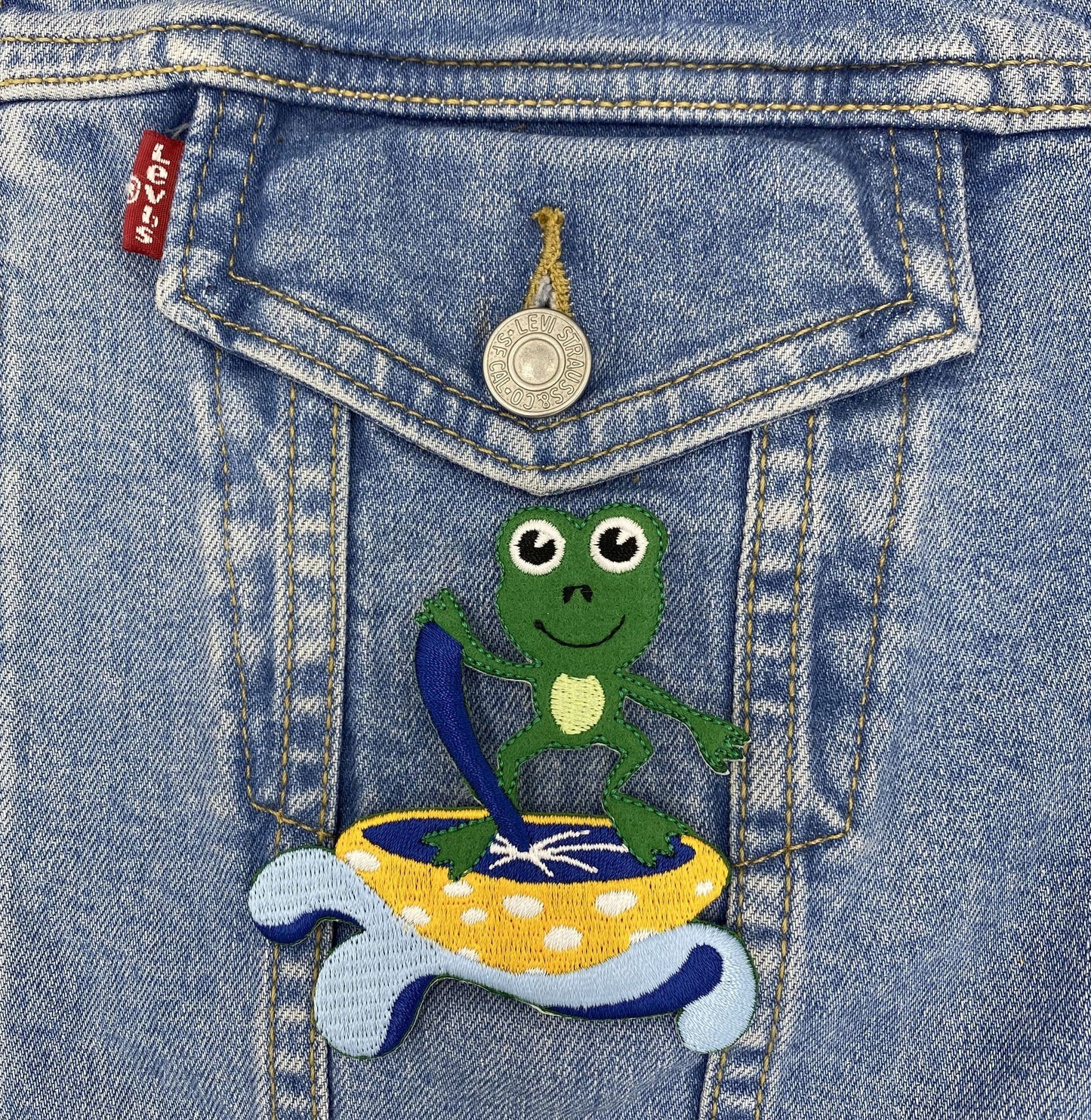 Frog Riding a Mushroom on the Waves, Embroidered, Iron-on Patch