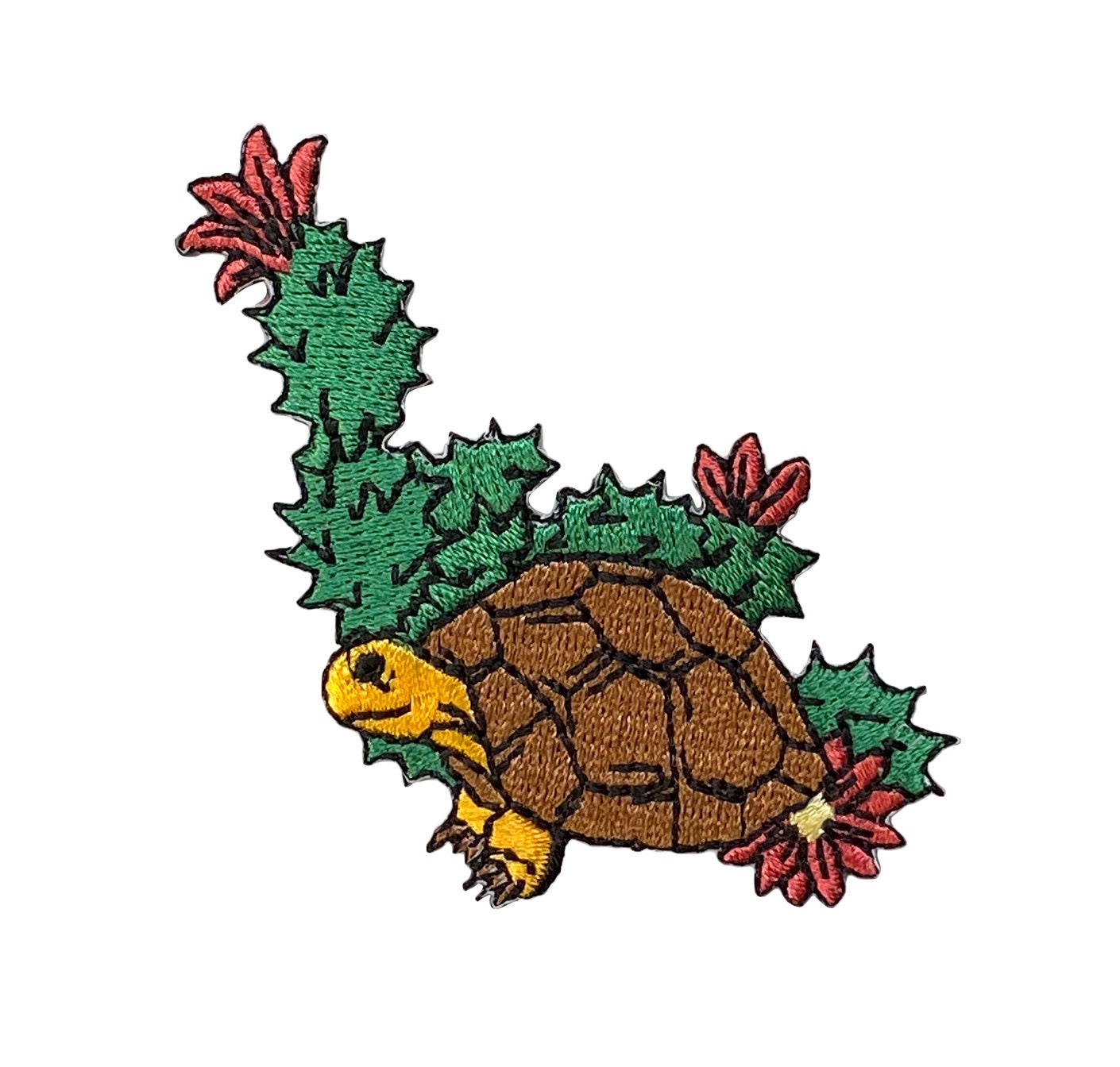 Brown-shelled Turtle with Flowering Cactus - Walking Left - Iron on Applique - Embroidered Patch