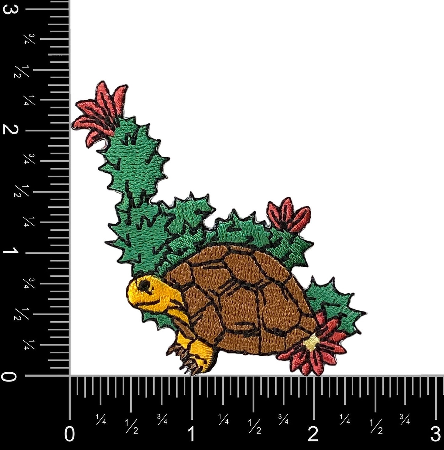 Brown-shelled Turtle with Flowering Cactus - Walking Left - Iron on Applique - Embroidered Patch