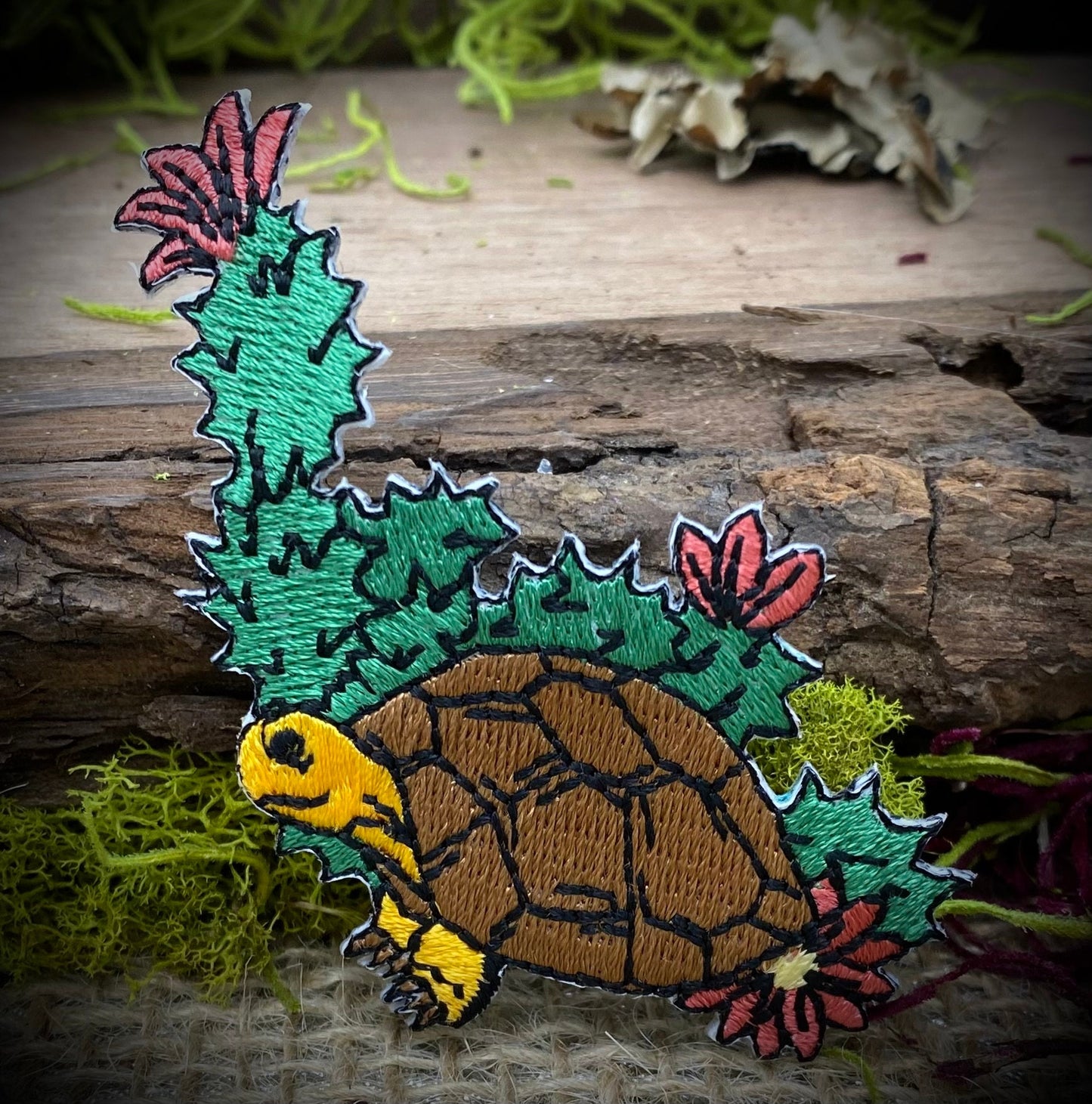 Brown-shelled Turtle with Flowering Cactus - Walking Left - Iron on Applique - Embroidered Patch